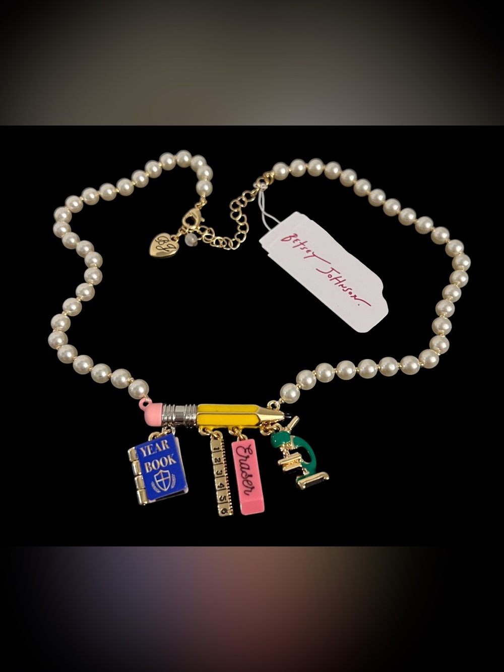 Betsey Johnson Yellow Pencil Pearl Necklace with School Charms